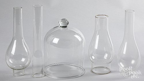Glass dome, 8 1/4" h. together with four chimneys.