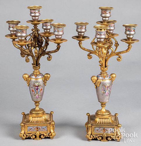 Pair of gilt metal and porcelain candelabra