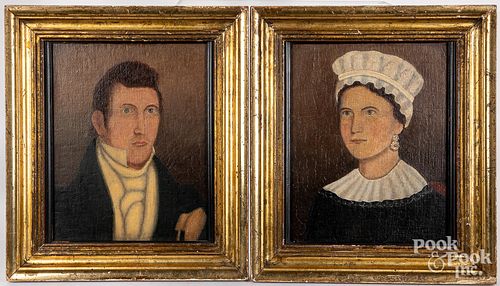 Pair of oil on canvas folk portraits, mid 19th c.