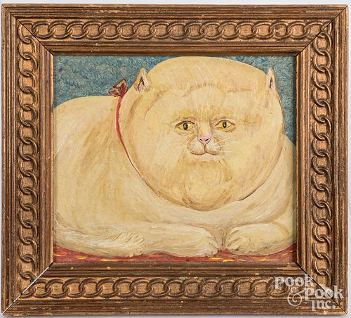 Oil on board folk painting of a fat cat