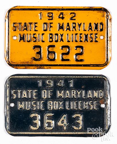 Two Maryland embossed tin music box license