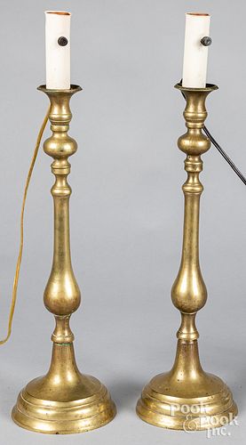 Pair of brass candlestick table lamps, ca. 1900