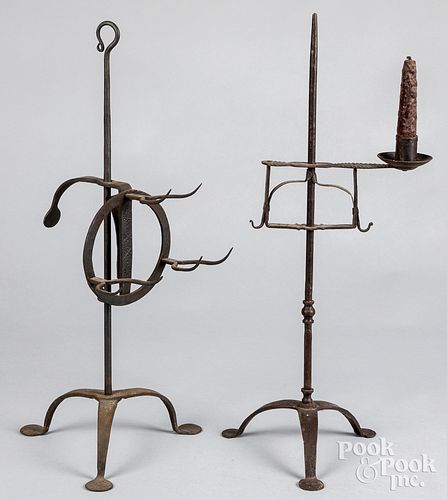 Wrought iron candlestand and meat broiler, 20th c.