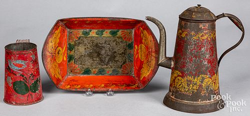Red toleware coffee pot, and tray and mug