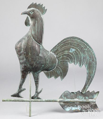 Copper swell bodied rooster weathervane, 20th c.