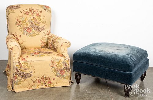 Upholstered chair and ottoman.