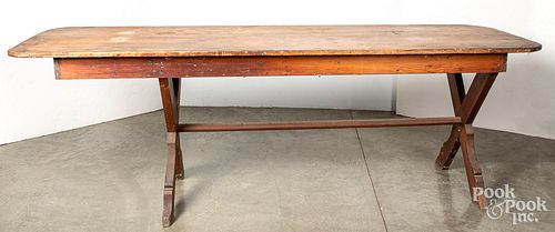 Large pine and poplar trestle table, late 19th c.