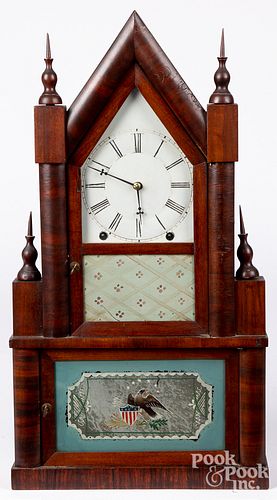 W. S. Johnson mahogany double steeple shelf clock
