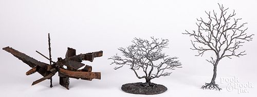 Two metal tree sculptures, together with another