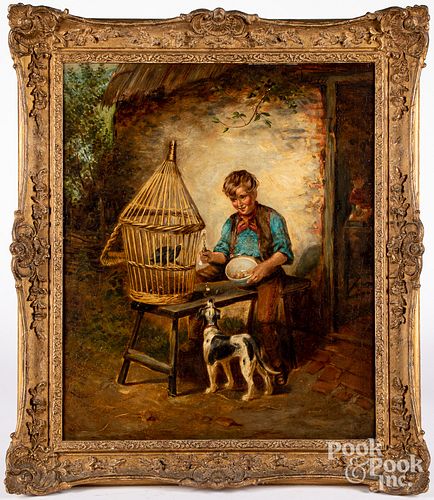 English oil on canvas boy and dog, late 19th c.