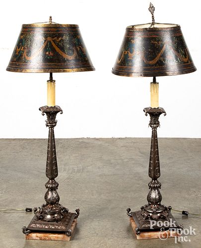 Pair of marble iron table lamps, with toile shades