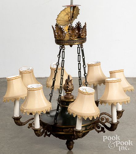 Bronze, brass, and tin hanging chandelier