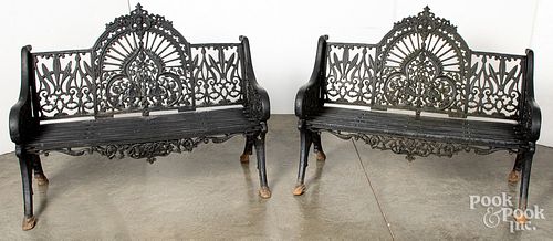 Pair of cast iron garden benches, 19th c.