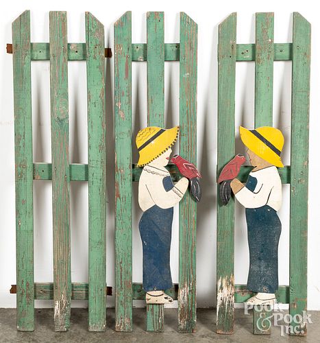 Three painted garden fence sections