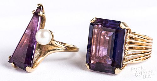 Two 14K gold, amethyst, and pearl rings, 12.2 dwt.