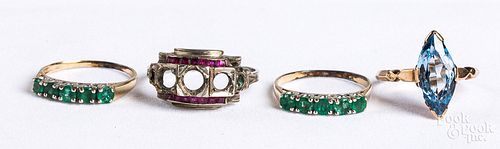 Four 14K gold and gemstone rings, 5.4 dwt.