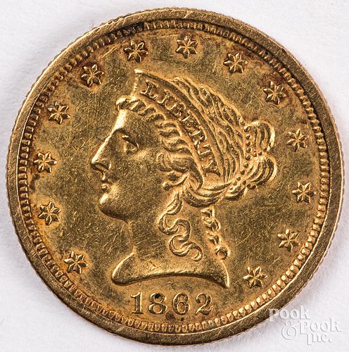 1862 two and a half dollar Liberty head gold coin.