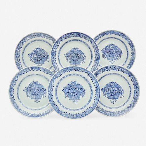 A set of six Chinese Export porcelain blue and white plates with "floral basket" motif late 18th century