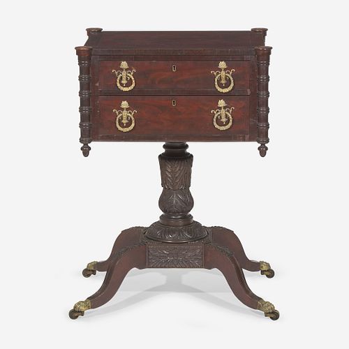 A Classical carved mahogany and rosewood work table Attributed to Anthony G. Quervelle (1789-1856), Philadelphia, PA, circa 1820