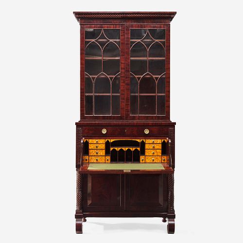 A Classical figured mahogany and bird's eye maple secretary bookcase Attributed to Anthony G. Quervelle (1789-1856), Philadelphia, PA, circa 1830