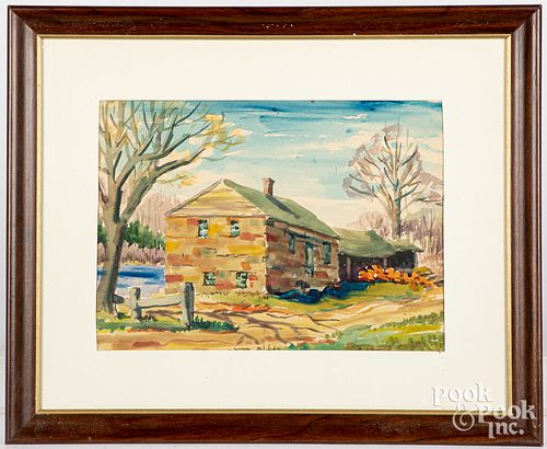 Watercolor landscape with a house, 20th c.