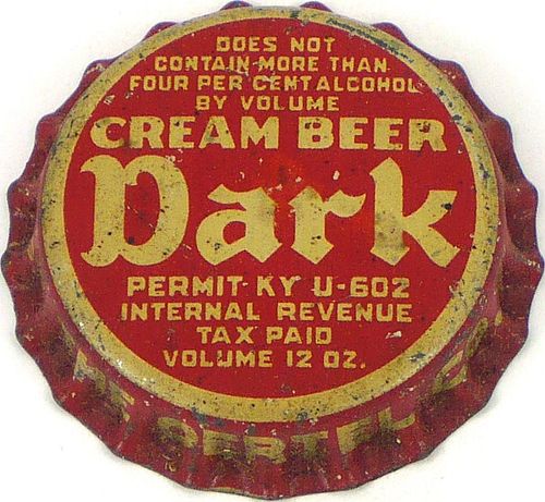 1936 Dark Cream Beer 12oz Bottle Cap Louisville, Kentucky