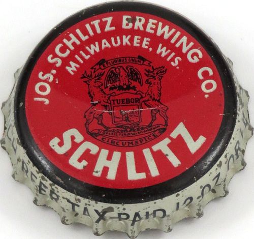 1950 Schlitz Beer ~MI 12oz Tax  Bottle Cap Milwaukee, Wisconsin