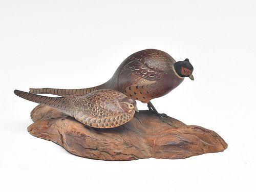 Pair of miniature pheasants on driftwood base, A.J. King, North Scituate, Rhode Island.