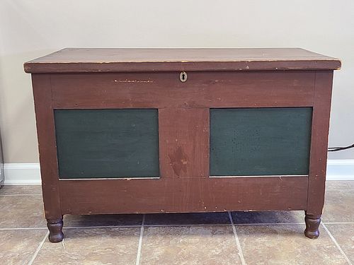Two color painted blanket box with turned feet, circa 1900.