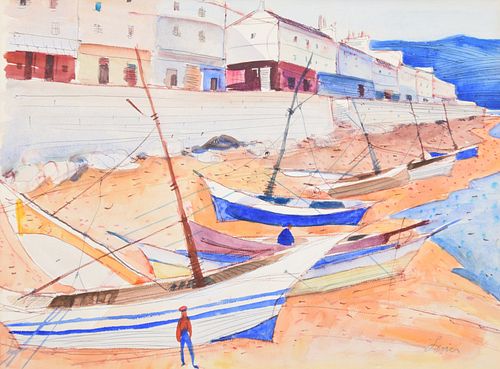 Charles Levier Watercolor Painting, Harbor Scene