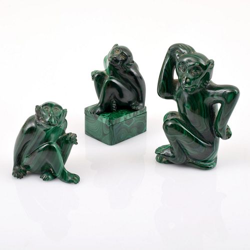 3 Carved Monkey Figurines & Box
