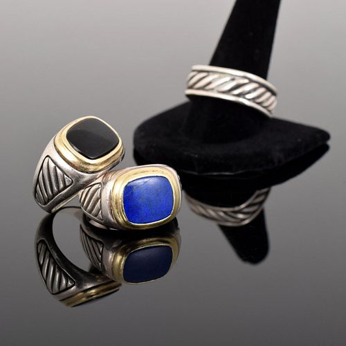 3 David Yurman Sterling Silver Rings, Lapis Lazuli & Onyx Stones