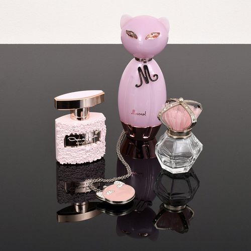 4 Perfume Bottles and 1 Solid Perfume Necklace; Katy Perry, Oscar de la Renta…