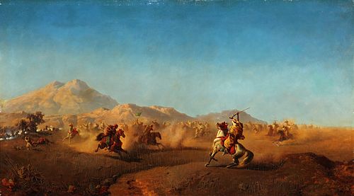 HENRIC ANKARCRONA (Sweden, 1831-1917). "Equestrian scene at the foot of the Atlas Mountains, North Africa", 1872. Oil on canvas. It has slight dama