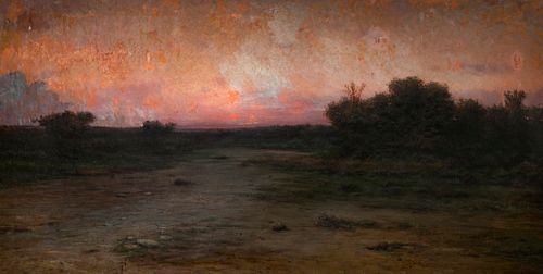 MODEST URGELL INGLADA (Barcelona, 1839 - 1919). "Landscape at sunset". Oil on canvas. Signed in the lower right corner. Size: 144 x 297 cm; 175,5 