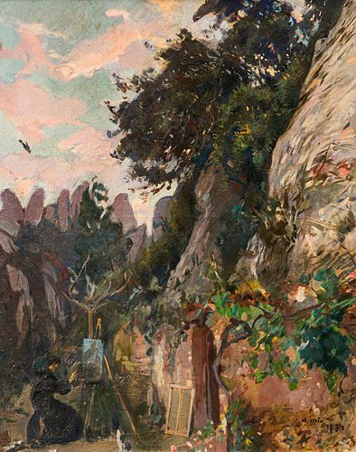 JOAQUIM MIR TRINXET (Barcelona, 1873 - 1940). "Landscape of Montserrat with Franciscan monk", 1931. Oil on canvas. Signed and dated in the lower ri