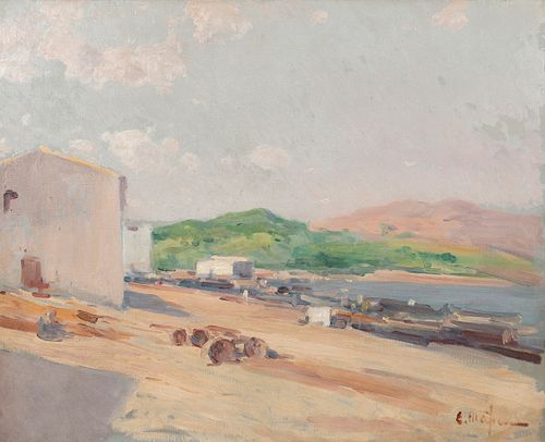 ELISEO MEIFRÈN ROIG (Barcelona, 1859 - 1940). "Port of Llançà", ca. 1930. Oil on canvas. Signed in the lower right corner and titled on the back. 