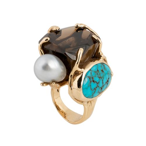 Charles Loloma, Topaz, Turquoise and Pearl Gold Ring, ca. 1985
