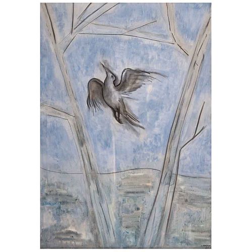 JUAN SORIANO, El pájaro y las nubes, Firmada y fechada 79, Mixta sobre tela, 115 x 80 cm, Con certificado | JUAN SORIANO, El pájaro y las nubes, Signe