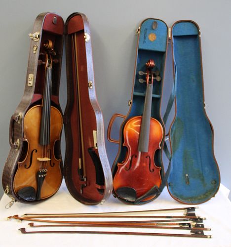 Group of 2 Violins and 6 Bows