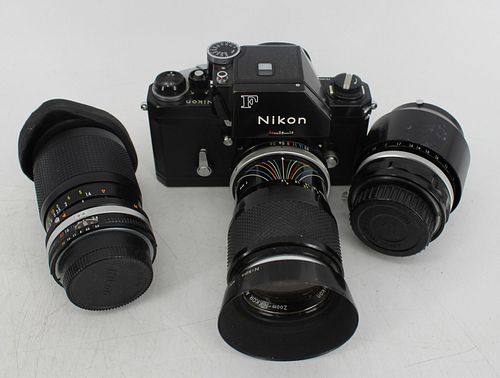 Vintage Nikon F Black Body Camera With 3 Lenses