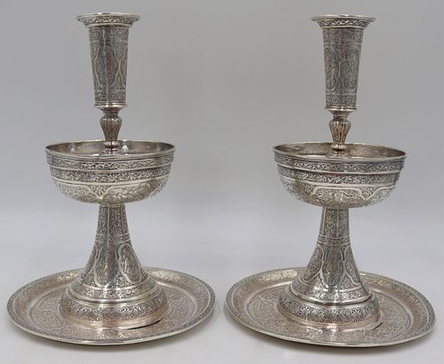 SILVER. Pair of Signed Persian Silver Candlesticks