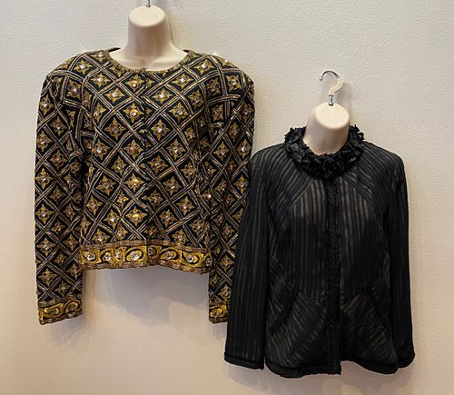 2 Vintage TAHARI & VITTADINI Black & Gold Beaded Evening Jackets Sz M 