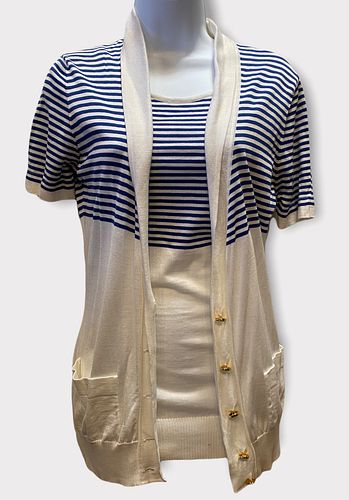 Vintage CHANEL Navy Blue Striped Twin Cardigan Sweater & Tank Set 