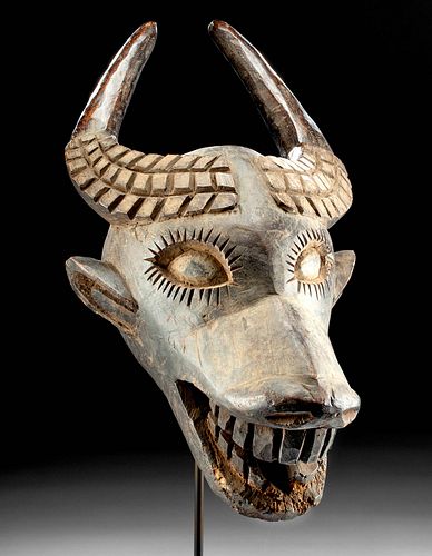 20th C. African Bamileke Wood Helmet Mask Buffalo