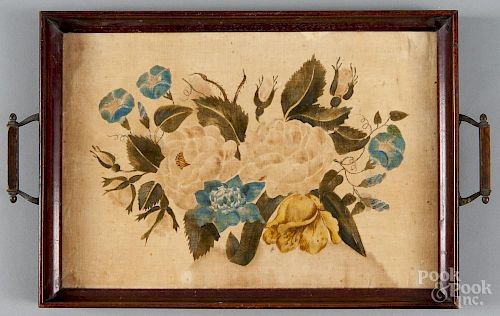 New England oil on velvet theorem, mid 19th c., mounted in a later tray, with early family history