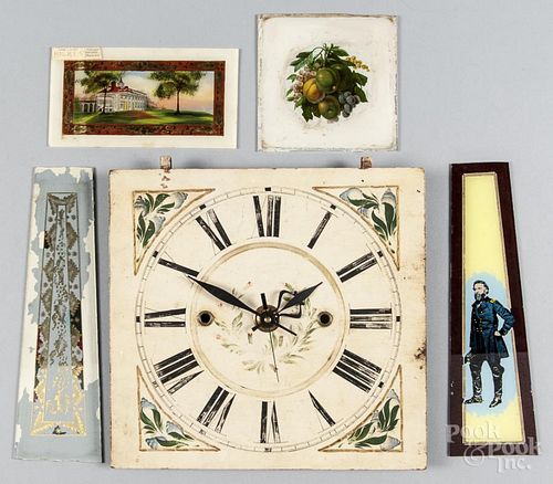 Painted wood clock face, 19th c., fitted with battery powered works, 11 1/2'' h., 12'' w.