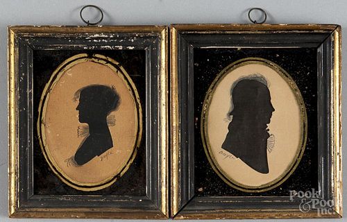 William Doyle (American 1769-1828), pair of hollowcut silhouettes of a man and woman, 4'' x 3 1/4''.