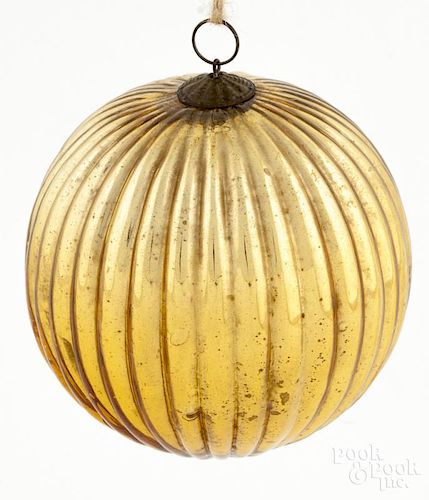 German Kugel gold ribbed ball Christmas ornament, 5'' dia.