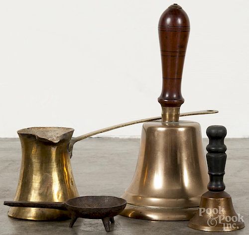 Brass school bell, 19th c., 9'' h., together with a small hand bell, a copper dipper